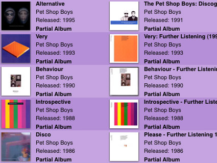 A screen capture of the iTunes Music Store showing that many Pet Shop Boys albums are only partially available.