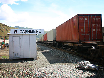 A train driving away down the tracks on a bright, sunny day.