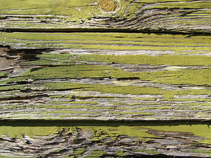 Green-painted wood that's been badly weathered.