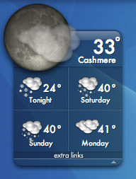 A weather forecast panel showing snow for my weekend.