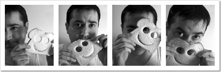 Dave posing with a piece of bread which has a smiley face carved in it across four separate images.