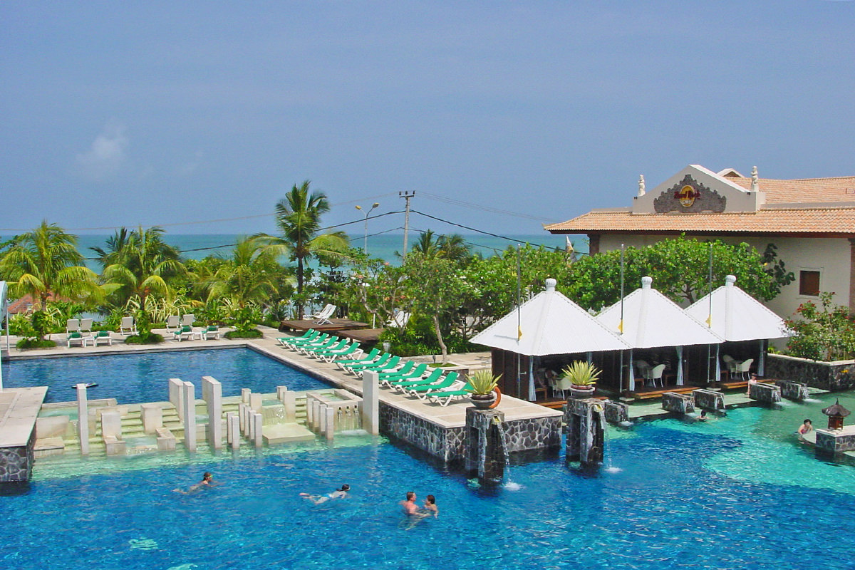 Another image of a pool with cabanas from the Hard Rock Hotel in Bali.