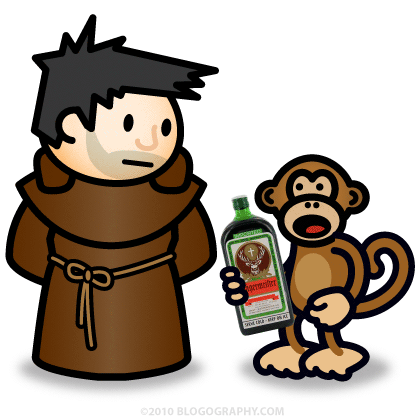 DAVETOON: Dave as a monk gets a bottle of Jägermeister from Bad Monkey