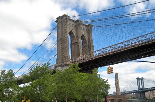 Looking up at the Brooklyn Bridge from Brooklyn