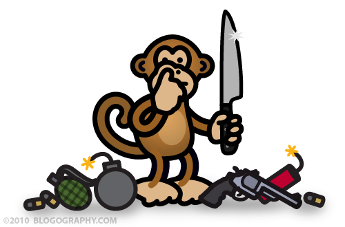 DAVETOON: Bad Monkey has crapped out a pile of weapons... a knife, gun, bomb, grenade, stick of dynamite, and bullets!