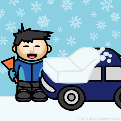DAVETOON: Lil' Dave finds the front of his car is covered in snow again.