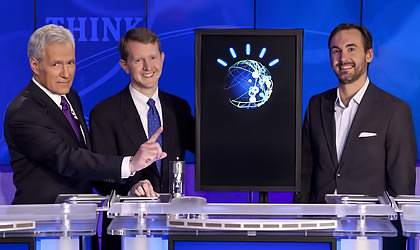 Watson on Jeopardy with Alex Trebek, Ken Jennings, and Brad Rutter