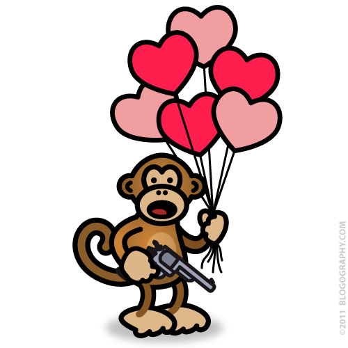 DAVETOON: Bad Monkey with a bouquet of Valentine balloons... and a gun!