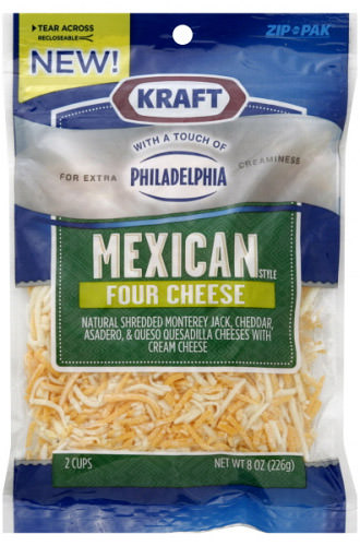 NEW! Kraft brand Mexican Four Cheese Blend with a touch of Philadelphia Cream Cheese for extra creaminess!