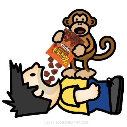 DAVETOON Bad Monkey Pours a Bag of Mini Reese's into Lil' Dave's Mouth