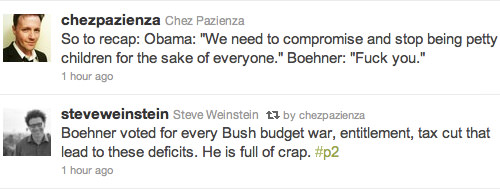 Obama: We need to compromise and stop being petty children for the sake of everyone. Boehner: Fuck you.