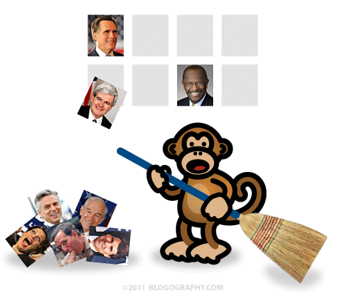 DAVETOON: Bad Monkey Sweeps up the Candidates while Romney, Cain, and Gingrich hold on.