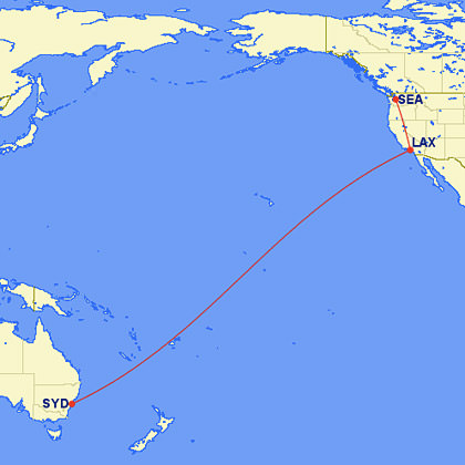 Seattle to LAX to Sydney on The Great Circle Mapper!