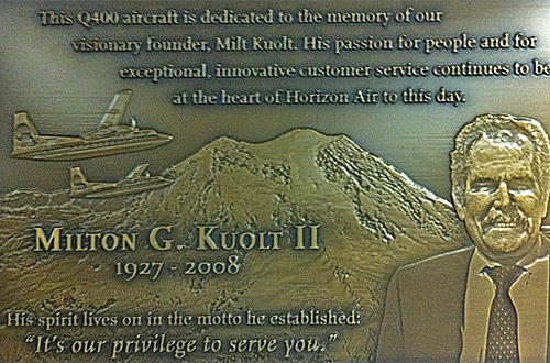 Plaque dedicating the plane to Alaska Air founder Milton G. Kuolt II