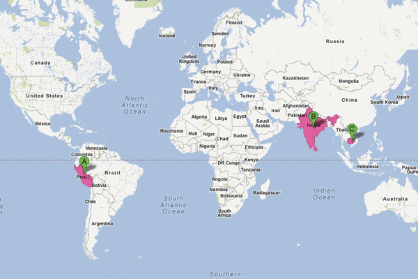 World Map: Peru, India, Cambodia
