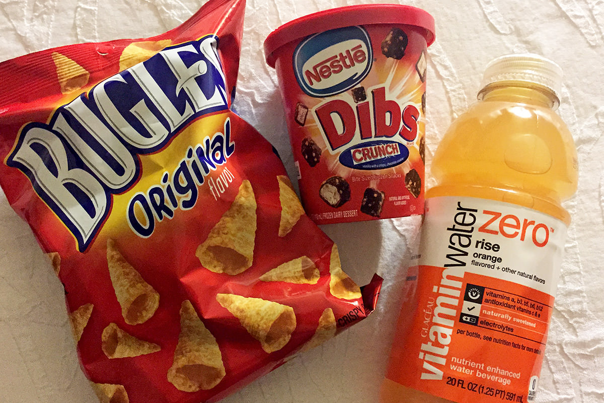 Bugles Chips, Dibd Ice Cream, Orange Vitamin Water