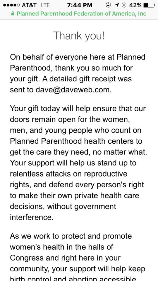 Thank you for donating to Planned Parenthood!