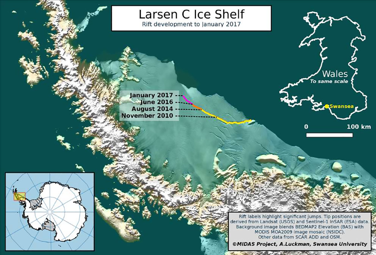 A map of Larsen C's iceberg by MIDAS/Swansea University/Aberystwyth University