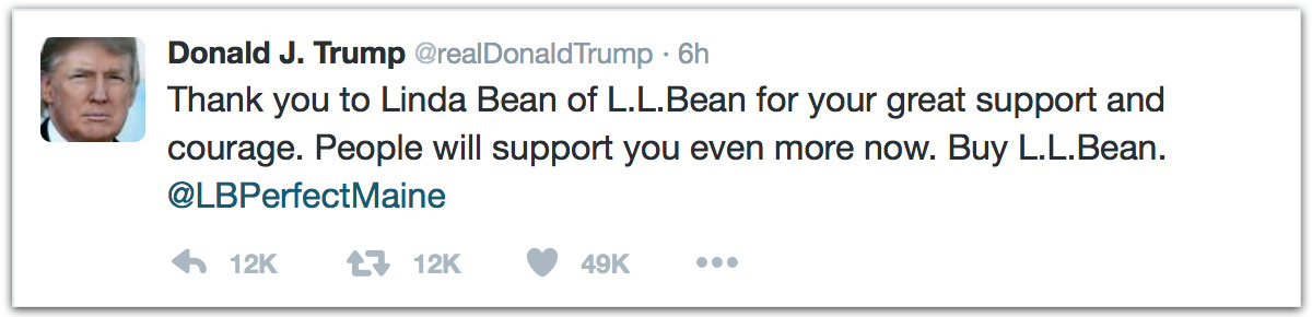 Thank you to Linda Bean of L.L. Bean for your great support and courage. People will support you even more now. Buy L.L. Bean