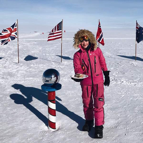 Jade Hameister at the South Pole with a sandwich!