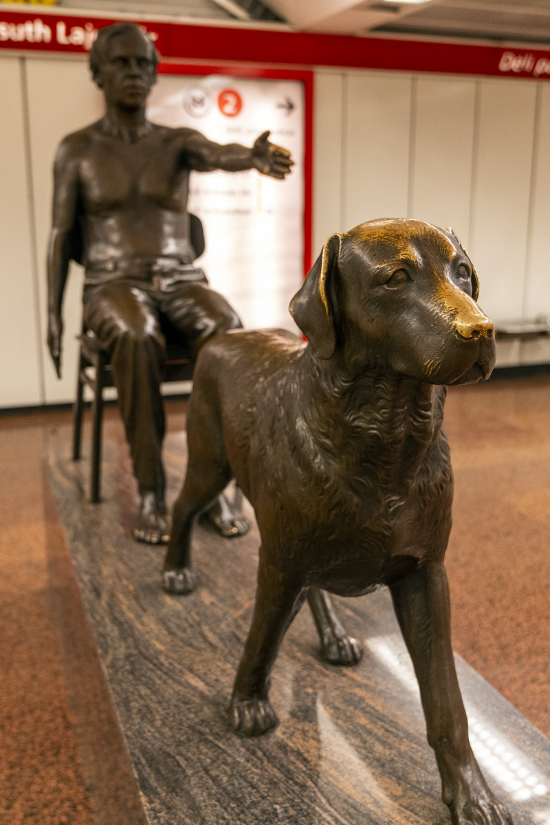 Dog Leads Man Sculpture in Budapest