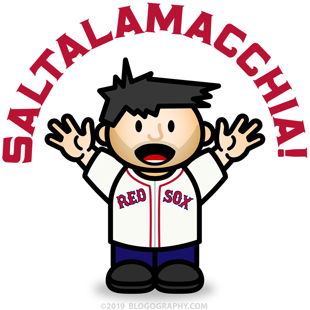 Saltalamacchia Davetoon with Lil' Dave in a Red Sox jersey.