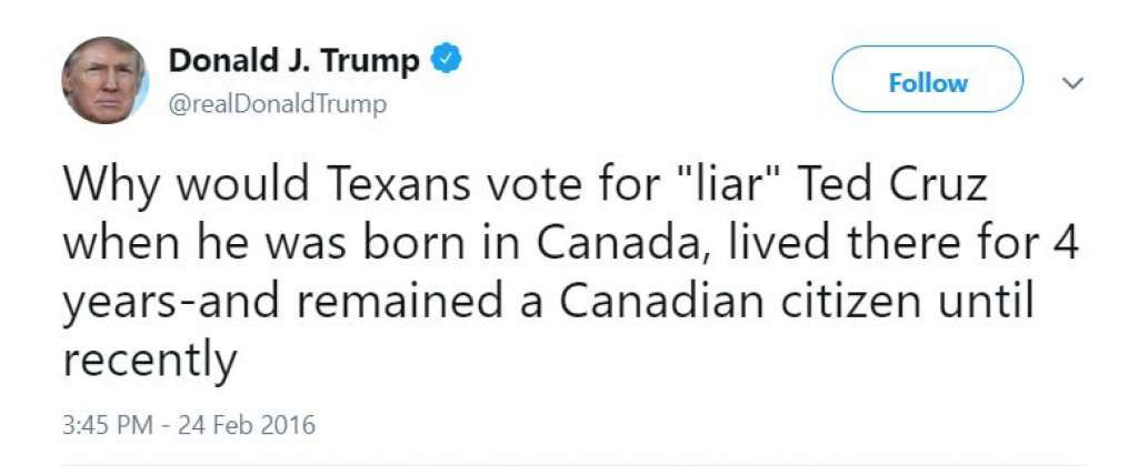 Trump Tweets on Lyin' Ted Cruz