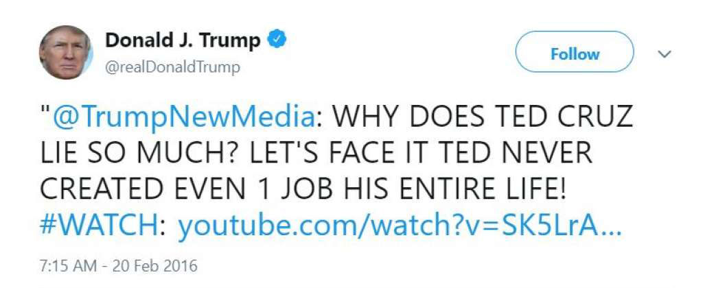 Trump Tweets on Lyin' Ted Cruz
