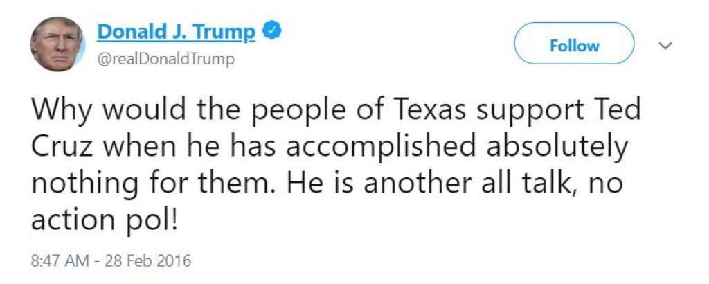 Trump Tweets on Lyin' Ted Cruz