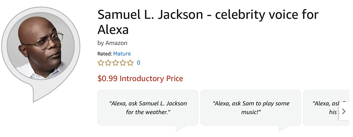 A screenshot of the Samuel L. Jackson Celebrity Voice skill for Alexa on Amazon.