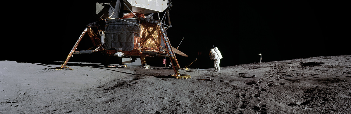 Panorama of Apollo astronauts on the moon