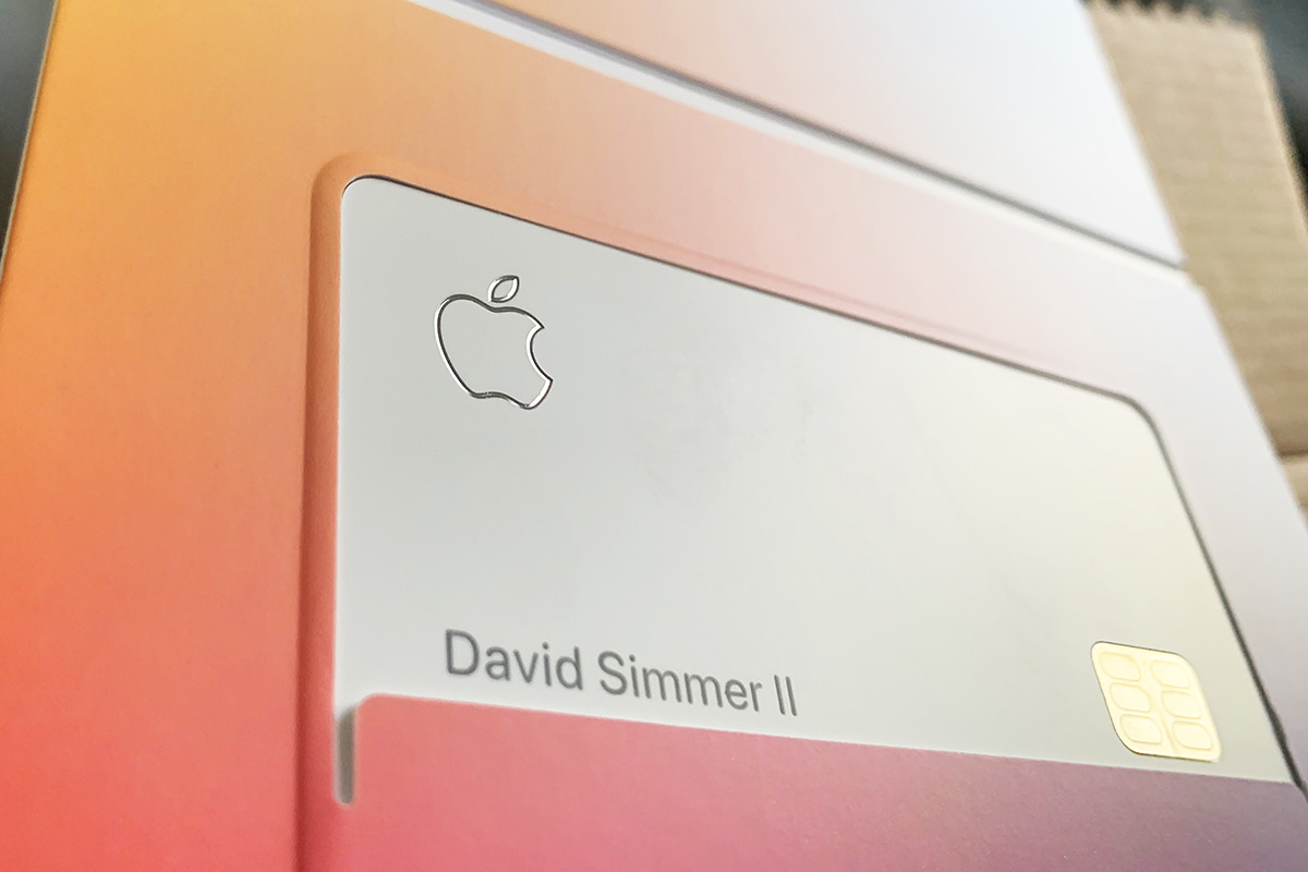 Zooming in on the Apple logo on the front of the card which has been lasered into the card... while my name is printed on the front.