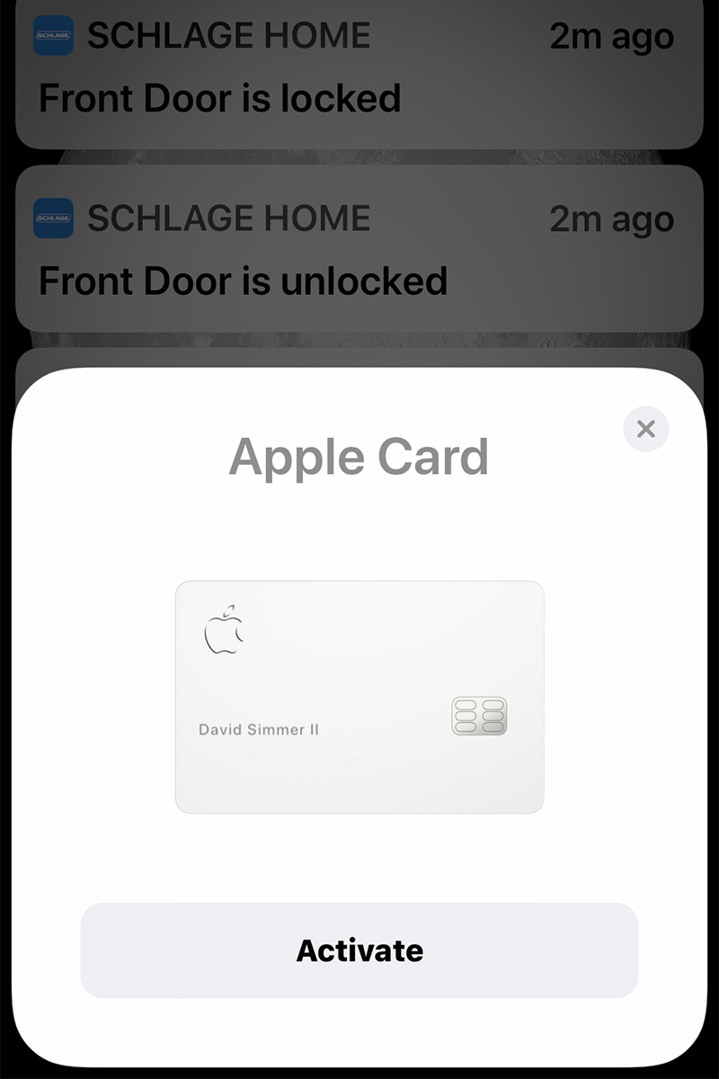 The iPhone screen showing the Apple Card and a button which says ACTIVATE.