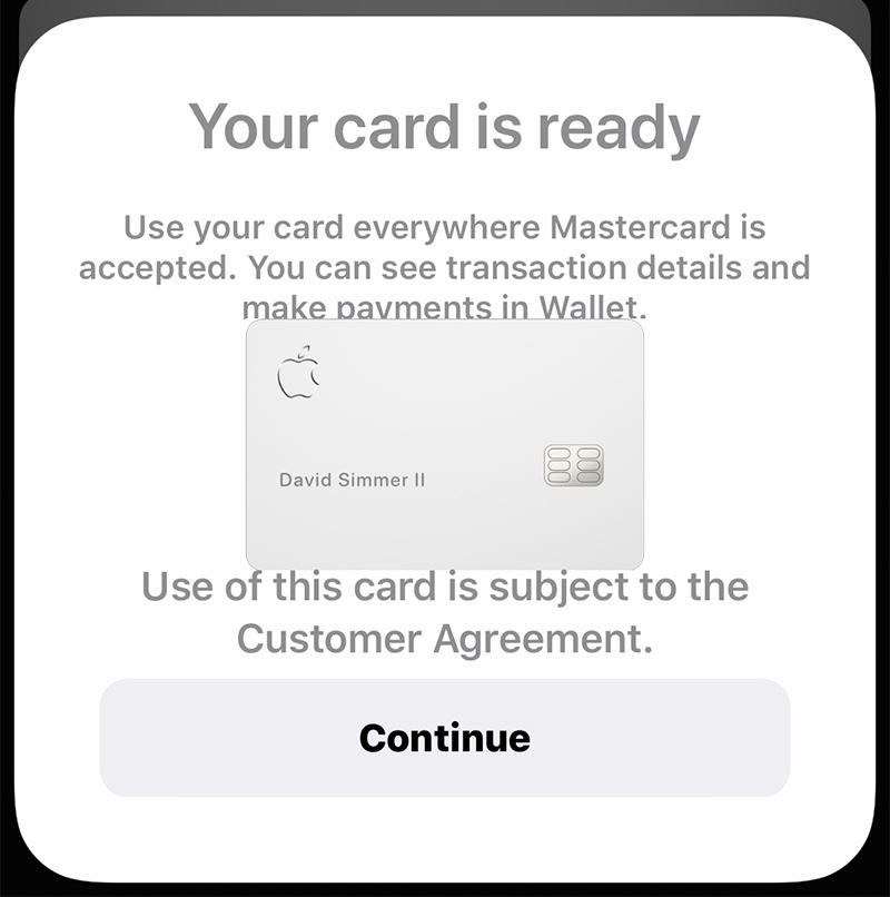 The iPhone screen showing that the Apple Card has been activated.