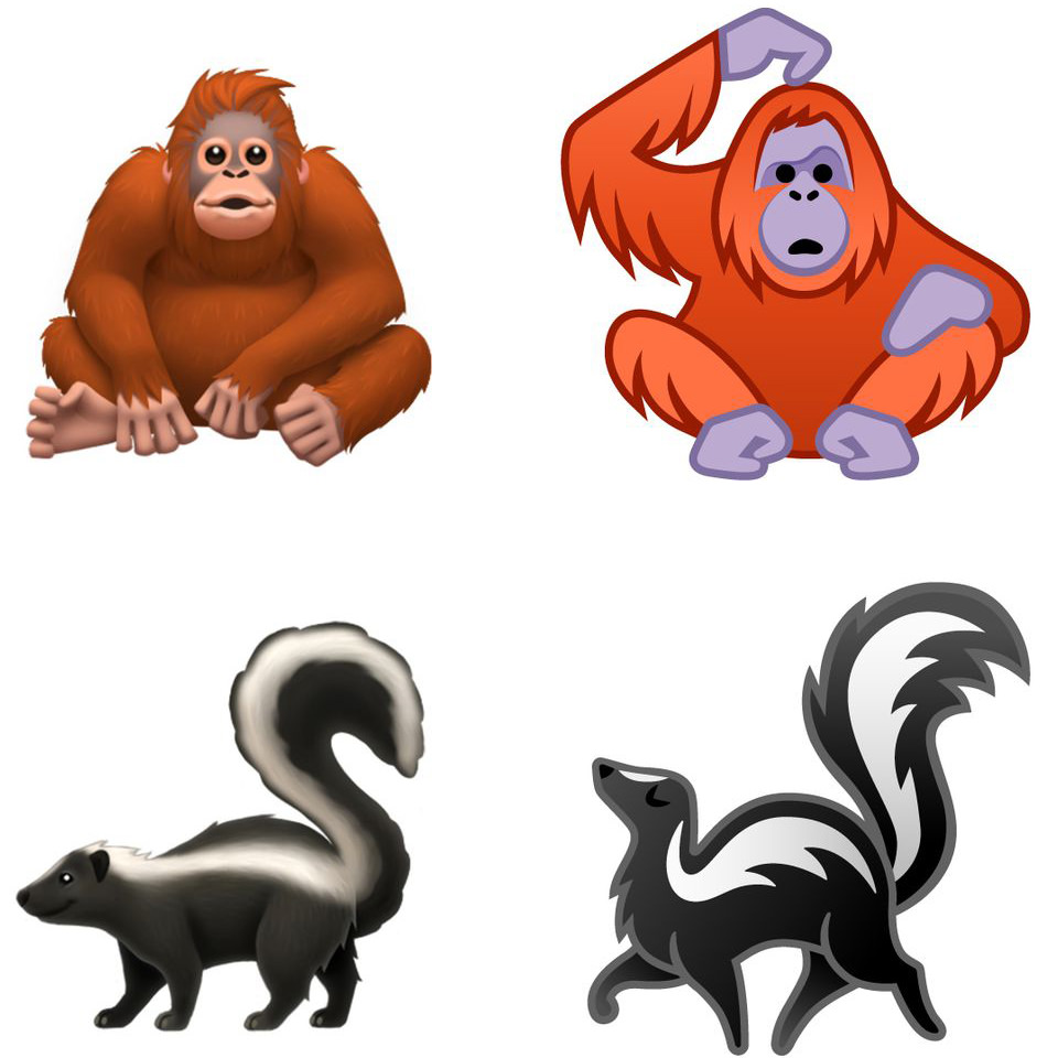 Apple's beautifully-detailed emojis for ape and skunk vs. Google's more cartoony take.
