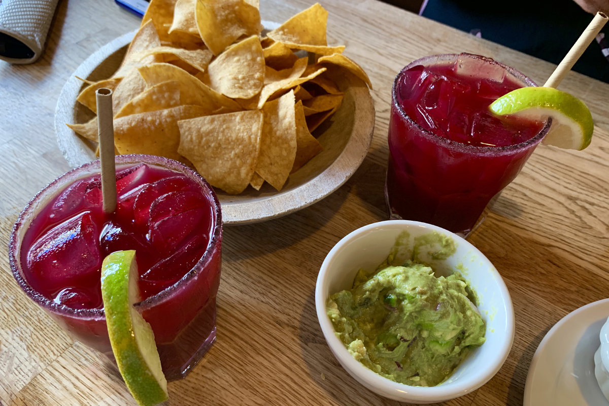 Bluberry Margaritas, chips, and guacamole