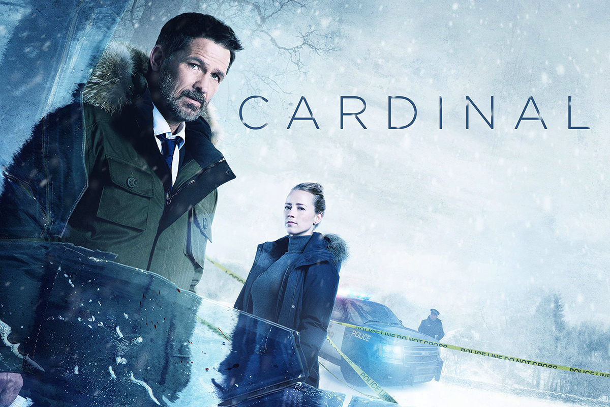 Cardinal poster showing Billy Campbell in a snow parka with his female partner and a police car as a blizzard rages.