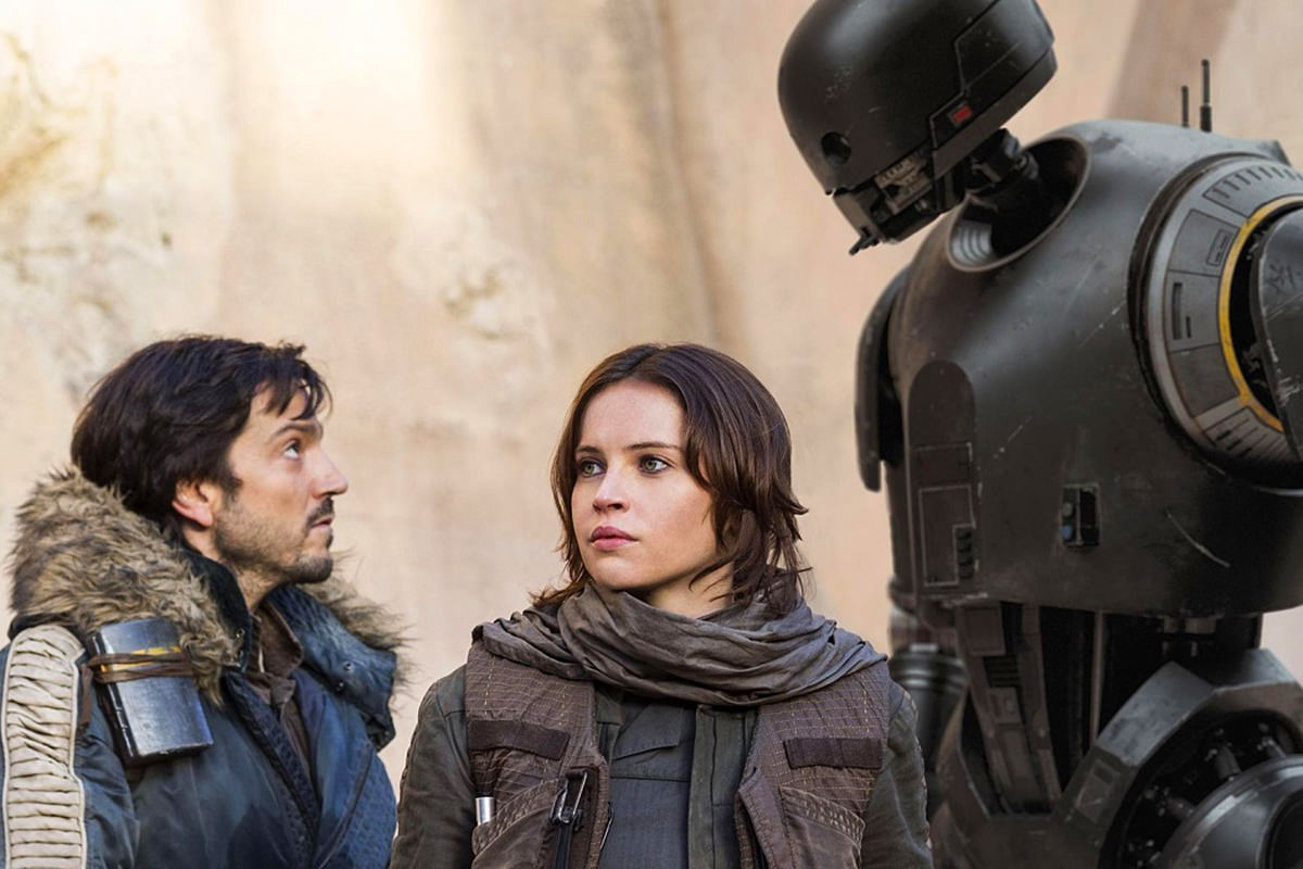 A scene from Star Wars: Rogue One including Cassian and K-2SO.