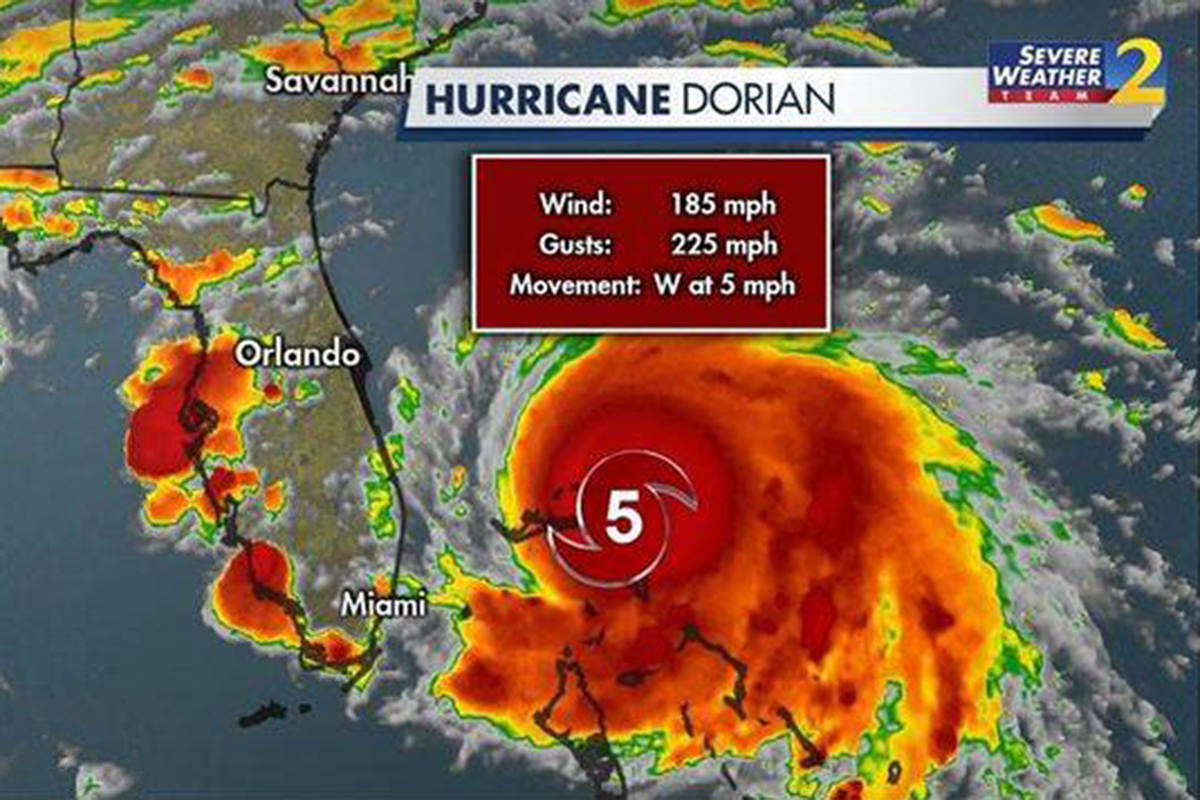 A map shoing category 5 hurrican Dorian off the coast of Florida looking scary.