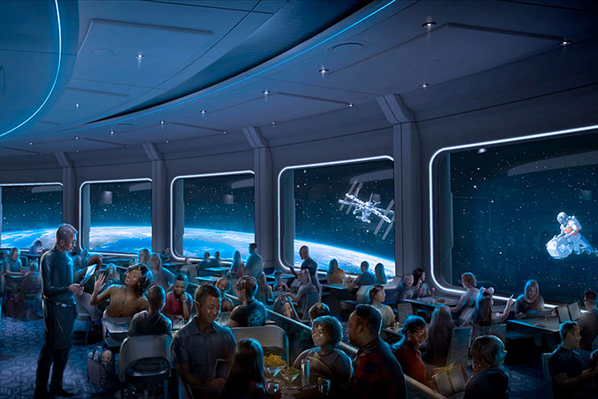 Artists concept of a restaurant in space orbiting the earth.