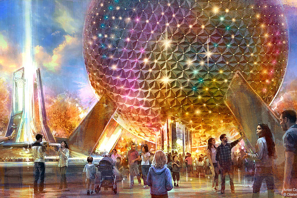 An artist concept of EPCOT showing the Spaceship Earth attraction reflecting all kinds of color.