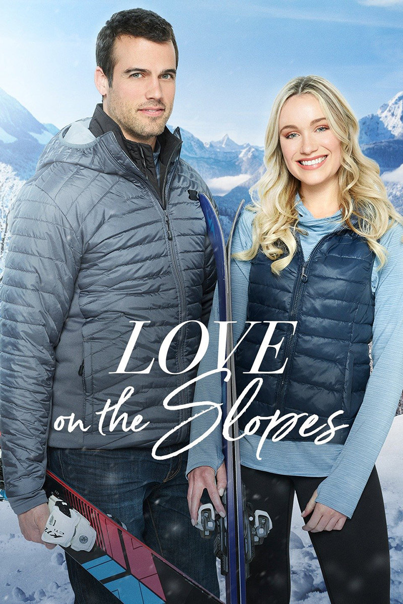 The movie poster for Love on the Slopes showing a pretty couple in winter clothing standing in front of a snow-covered mountain.