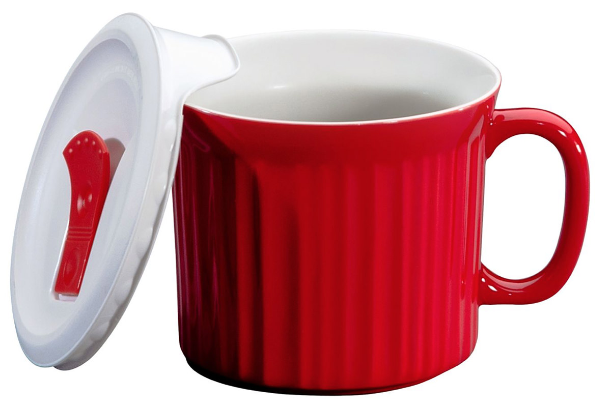 CorningWare Meal Mug... a big red mug with a cover that has a steam vent on it.