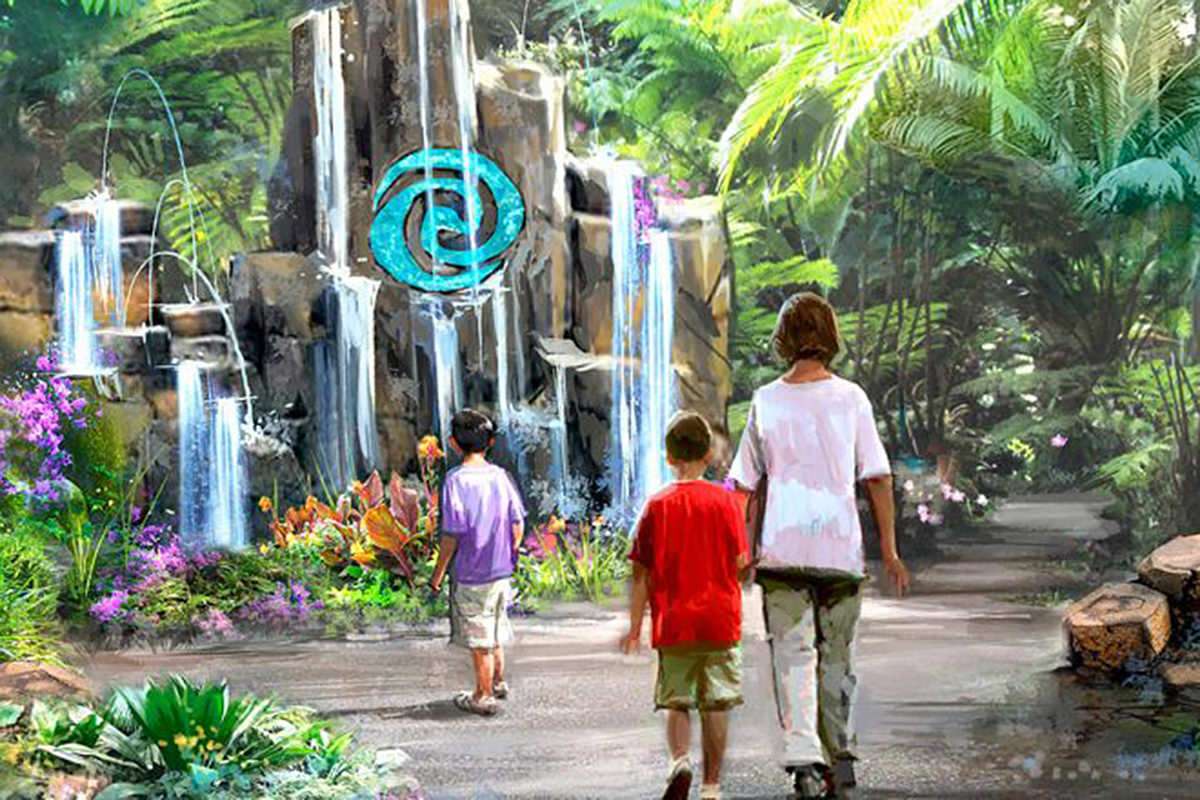 Artists concept of Moana's Journey of Water which shows people walking towards a tropical mountain with a Moana logo on it.