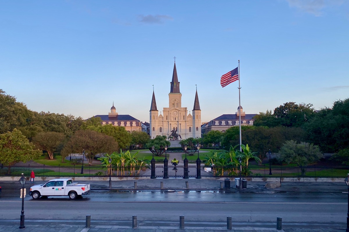 Looking at St. Louis Cathedral and Jackson Square which looks a slight creamy yellow in the morning light.