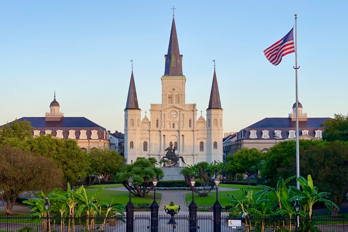 Looking at the cathedral of Jackson Square which looks a slight creamy yellow in the morning light.