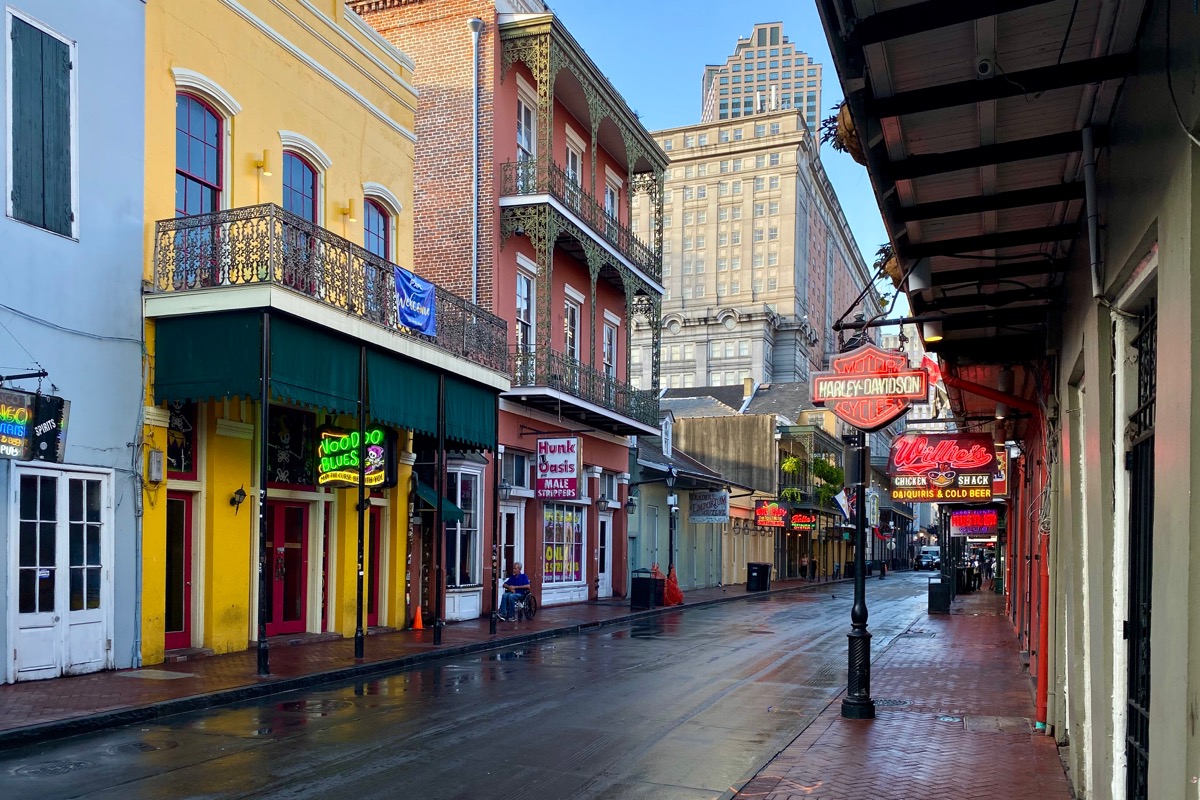 Bourbon Street in the daylight... looking abandoned and freshly-cleaned.