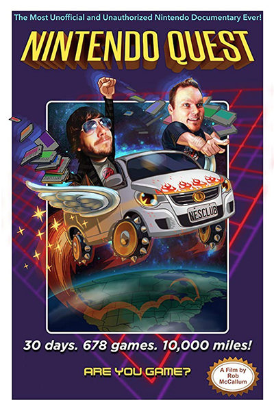 Nintendo Quest Movie Poster featuring two guys in a van hopping around North America with NES cartridges flying everywhere.