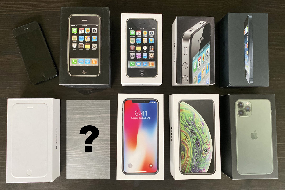 All my iPhone boxes lined up on a table... with the exception of iPhone 7.