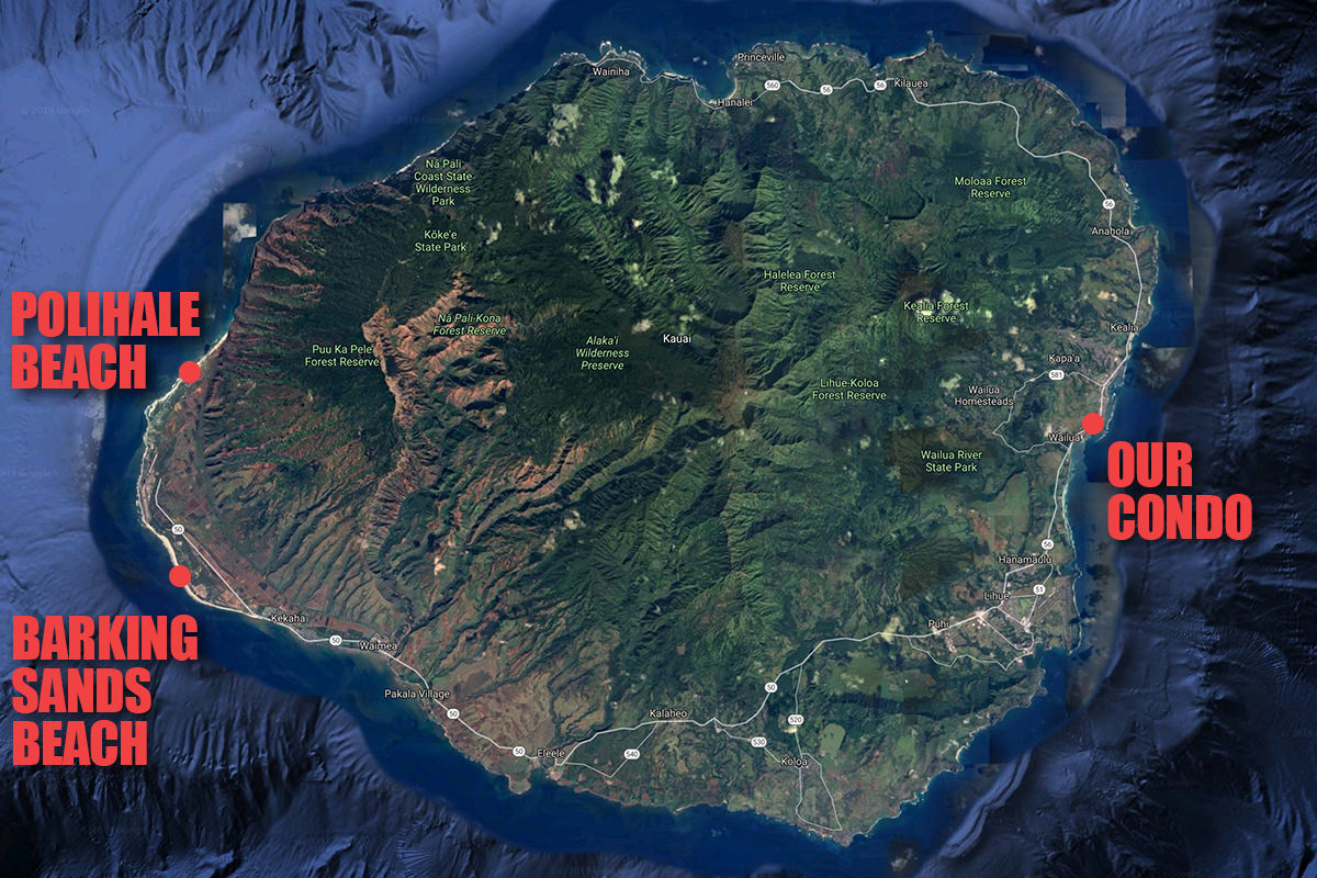 A map of Kauai showing how our condo in Wailua is on the other side of the island from Barking Sands Beach... and how Polihale Beach is north of Barking Sands.